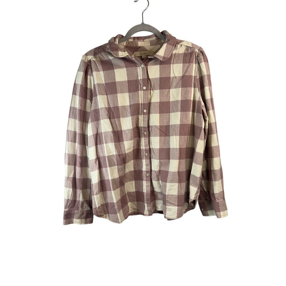 Loft Womens Purple and White Long Sleeve Plaid Top Size Large